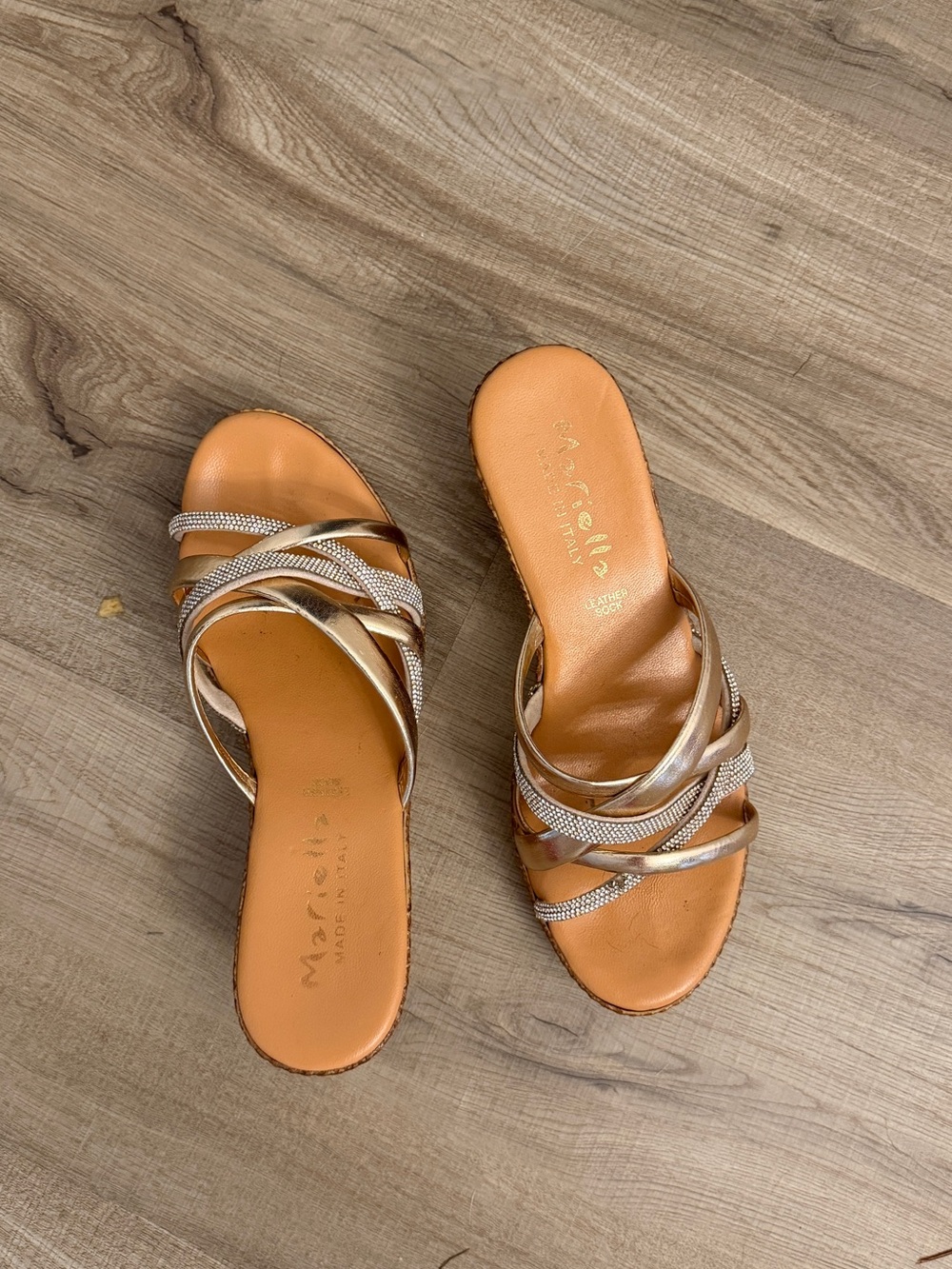 MARIELLA Gold Metallic Strappy Slide Wedge with Rhinestone Detail